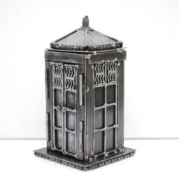 Police Box Scrap Metal Sculpture, Handmade Desk Paperweight, Geek Valentine Gift For Him - thumbnail 2