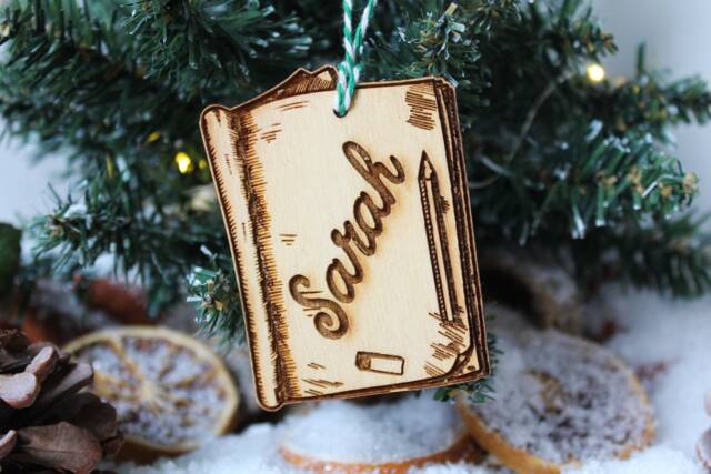 Personalised Illustrating Christmas Ornament Sketch Book Artist Drawing Calligraphy Wood Laser Engrave Rustic Wooden Name Irish - image 1