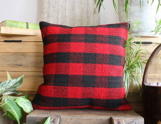 40cm - 16Inch Handwoven Kilim Pillow Cover - Red & Black Check 2 - image 1
