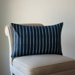 Cambridge Stripe Xl Rectangular Cushion in Denim Indigo Blue. Chalk Summer Nautical Style, 100% Sustainable Cotton. 23X15 - thumbnail 1