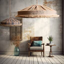 Lampshade Striped Blue, Rustic Style, With Short Cotton Fringe. Made To Order - thumbnail 2