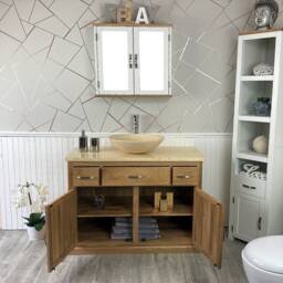 Bathroom Vanity Unit Solid Oak Modern Cabinet Wash Stand Cream Marble Top & Basin 1161cm025cm - thumbnail 3