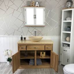 Bathroom Vanity Unit Solid Oak Modern Cabinet Wash Stand Cream Marble Top & Basin 1161cm025cm - thumbnail 2