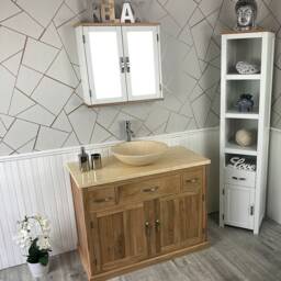 Bathroom Vanity Unit Solid Oak Modern Cabinet Wash Stand Cream Marble Top & Basin 1161cm025cm