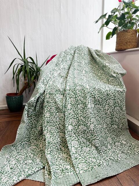 Kantha Stitch Pure Cotton Reversible Bed/Sofa Throw King Size Handmade Indian Dohar Elegant Spring Pastel Green White Oriental Floral - image 1
