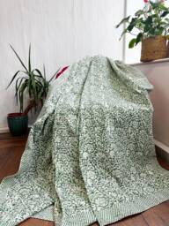 Kantha Stitch Pure Cotton Reversible Bed/Sofa Throw King Size Handmade Indian Dohar Elegant Spring Pastel Green White Oriental Floral - thumbnail 1