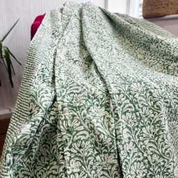 Kantha Stitch Pure Cotton Reversible Bed/Sofa Throw King Size Handmade Indian Dohar Elegant Spring Pastel Green White Oriental Floral - thumbnail 2
