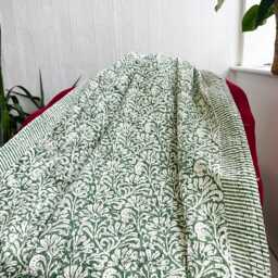 Kantha Stitch Pure Cotton Reversible Bed/Sofa Throw King Size Handmade Indian Dohar Elegant Spring Pastel Green White Oriental Floral - thumbnail 3