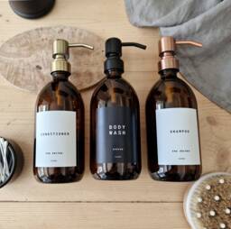 Personalised Refillable Soap Dispenser Amber Glass Or Plastic Bottle, Metal Pump