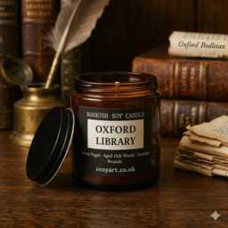 Oxford Library Scented Candle - Cozy Bookish For Reader Gift - Aged Oak, Leather & Worn Pages Scent 180Ml Amber Jar