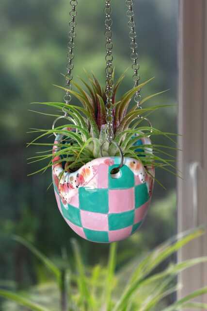 Handmade Ceramic Hanging Planter Pink & Green Checkered Plant Pot