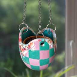 Handmade Ceramic Hanging Planter Pink & Green Checkered Plant Pot - thumbnail 2