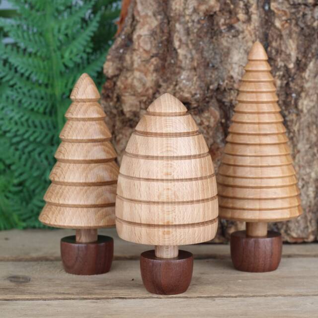 3 X Wooden Tree Ornaments, Handmade Made From Beech & Walnut - image 1