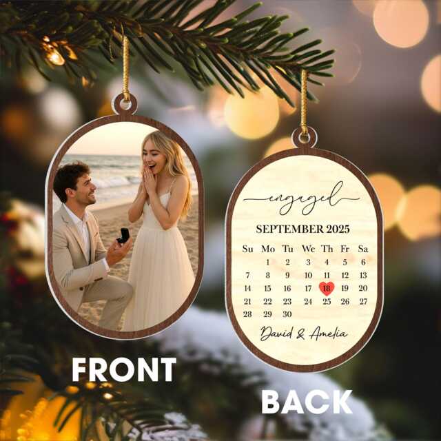 Personalized Engagement Christmas Ornament, Custom Couple Photo First Married Calendar Keepsake, Newly Gift - image 1