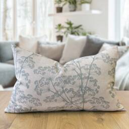 Cow Parsley Xl Rectangular Cushion in Duck Egg Blue & Natural Beige. Cottagecore Botanical Leaves & Flowers Design. 23X15 - thumbnail 1