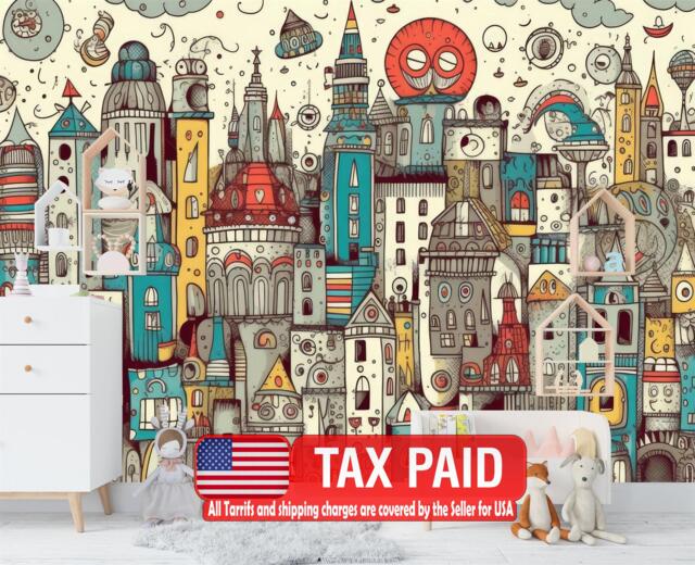 Kawaii Doodle Monsters City Wallpaper Mural, Peel & Stick Art Print - image 1