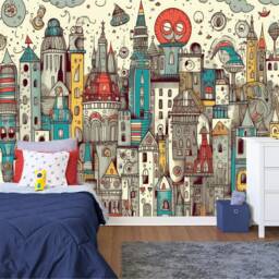 Kawaii Doodle Monsters City Wallpaper Mural, Peel & Stick Art Print - thumbnail 2