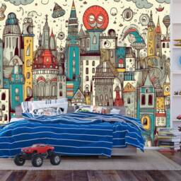 Kawaii Doodle Monsters City Wallpaper Mural, Peel & Stick Art Print - thumbnail 3