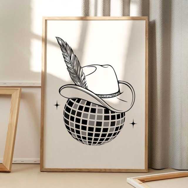 Cowboy Hat Disco Ball Art Canvas Poster, Trendy Wall Art, Apartment Aesthetic Decor, Retro Home Printed Gift - image 1