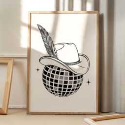 Cowboy Hat Disco Ball Art Canvas Poster, Trendy Wall Art, Apartment Aesthetic Decor, Retro Home Printed Gift - thumbnail 1