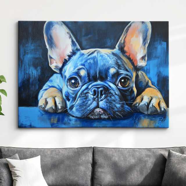French Bulldog Blue Palette Painting Dog Pet Abstract Modern Oil Wall Art, Framed Canvas Poster Print, Home Kitchen Office Room Decor, Gifts - image 1