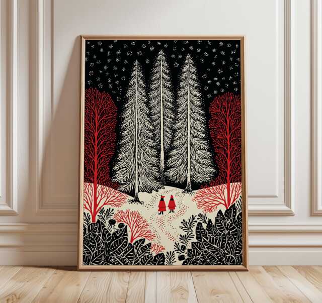 Winter Forest Print, Nordic Christmas Poster, Scandinavian Wall Art, Minimal Snowy Landscape, Cozy Holiday Home Decor Gift - image 1