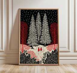 Winter Forest Print, Nordic Christmas Poster, Scandinavian Wall Art, Minimal Snowy Landscape, Cozy Holiday Home Decor Gift - thumbnail 1