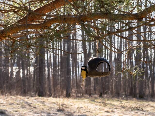 Black Pottery Wild Bird Feeder. Natural Outdoors Hanging Garden Art. Round Handmade Terrace Decor - image 1