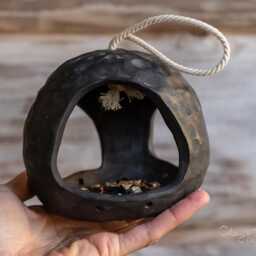 Black Pottery Wild Bird Feeder. Natural Outdoors Hanging Garden Art. Round Handmade Terrace Decor - thumbnail 2