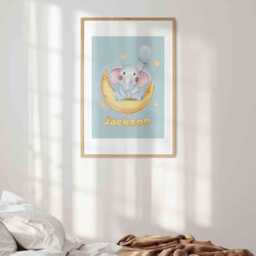 Baby Elephant Personalised Wall Art - Custom Name & Background Colour Adorable Nursery Print Cute Animal Poster Room Gift