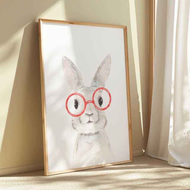 Watercolour Bunny Wearing Red Glasses, Rabbit Wall Art, Cute Print, Childrens Bedroom Nursery Decor, Easter Bunny, Spring Decor - image 1