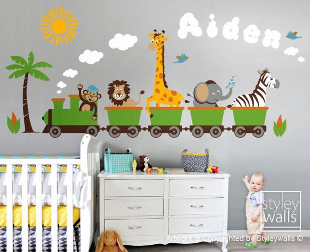 Jungle Animals Train Wall Decal, Safari Sticker, Monkey Zebra Giraffe Elephant Lion Nursery Kids Playroom Room Sticker Decor - image 1