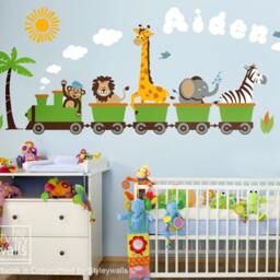 Jungle Animals Train Wall Decal, Safari Sticker, Monkey Zebra Giraffe Elephant Lion Nursery Kids Playroom Room Sticker Decor - thumbnail 3