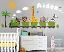 Jungle Animals Train Wall Decal, Safari Sticker, Monkey Zebra Giraffe Elephant Lion Nursery Kids Playroom Room Sticker Decor - thumbnail 1