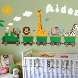 Jungle Animals Train Wall Decal, Safari Sticker, Monkey Zebra Giraffe Elephant Lion Nursery Kids Playroom Room Sticker Decor - thumbnail 2