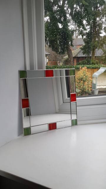 Small Art Deco Square Mirror - Red/Green Stained Glass - image 1
