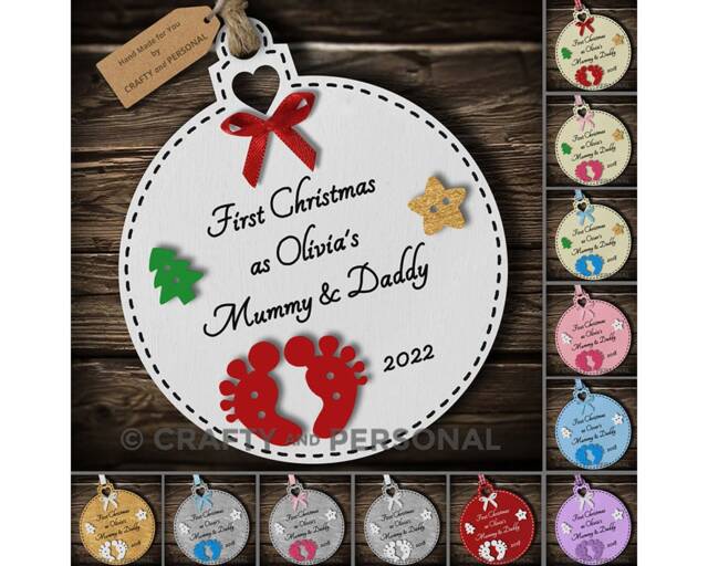 Personalised Baby's 1st First Christmas As Mummy & Daddy Wooden Bauble Tree Ornament Gift For Boy Or Girl Parents - image 1