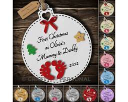 Personalised Baby's 1st First Christmas As Mummy & Daddy Wooden Bauble Tree Ornament Gift For Boy Or Girl Parents - thumbnail 1