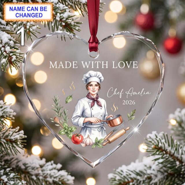 Made With Love Christmas Glass Ornament, Custom Chef Keepsake With Hat, Cooking Pot, Spoon, Herbs & Kitchen Details - image 1