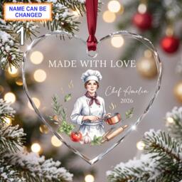Made With Love Christmas Glass Ornament, Custom Chef Keepsake With Hat, Cooking Pot, Spoon, Herbs & Kitchen Details - thumbnail 1