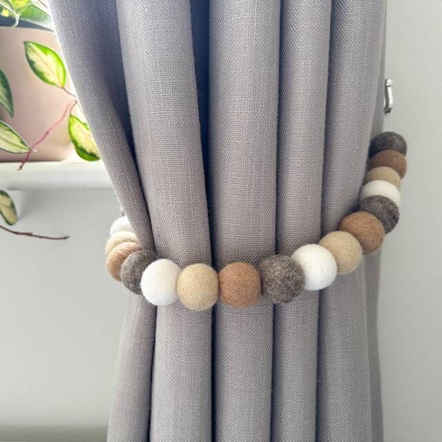 Neutral & Natural Felt Ball Curtain Tie Backs - Pom Hold Custom Nursery Decor Baby Gift Colourful Pull - image 1