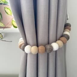 Neutral & Natural Felt Ball Curtain Tie Backs - Pom Hold Custom Nursery Decor Baby Gift Colourful Pull - thumbnail 1