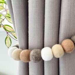 Neutral & Natural Felt Ball Curtain Tie Backs - Pom Hold Custom Nursery Decor Baby Gift Colourful Pull - thumbnail 2