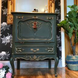 Hand Painted French Oak Shabby Chic Hallway Drinks Cabinet in Dark Green & Gold - thumbnail 1