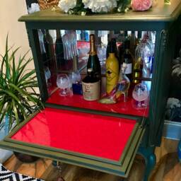 Hand Painted French Oak Shabby Chic Hallway Drinks Cabinet in Dark Green & Gold - thumbnail 2