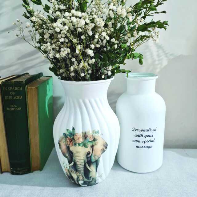 Personalised Floral Elephant Glass Vase, Custom Made Decoupaged Wild Animal Home Decor Gift - image 1