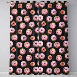 Cute Kawaii Donuts With Pink Icing Black Background Seamless Pattern Readymade Eyelet Ring Top Thermal 100% Blackout Curtains - thumbnail 2