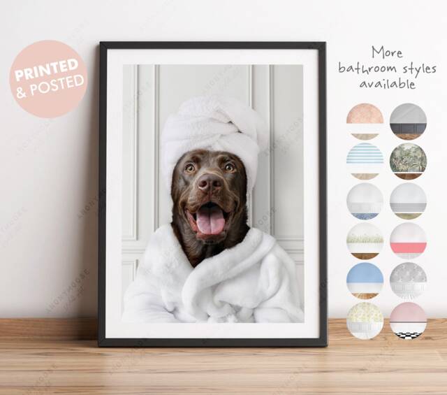 Chocolate Brown Labrador in A Bathrobe Print, Dog Bathing, Funny Bathroom Animal Towel On Head, Dog Bath Robe, Whimsy - image 1