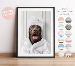 Chocolate Brown Labrador in A Bathrobe Print, Dog Bathing, Funny Bathroom Animal Towel On Head, Dog Bath Robe, Whimsy - thumbnail 1
