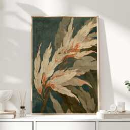 Teal Botanical Leaf Print, Cream Foliage Wall Art, Vintage Art Nouveau Poster, Dark Green Decor, Elegant Hallway Print - thumbnail 1